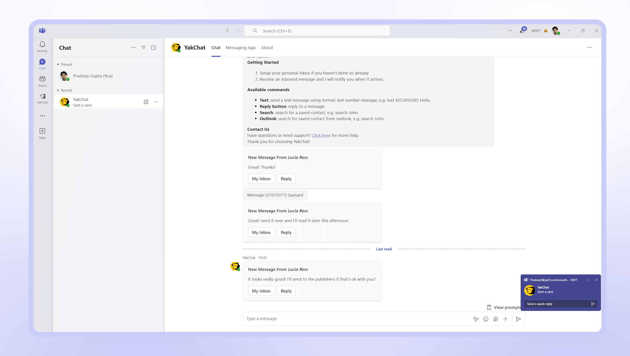 YakChat SMS notifications in Teams chat with adaptive cards