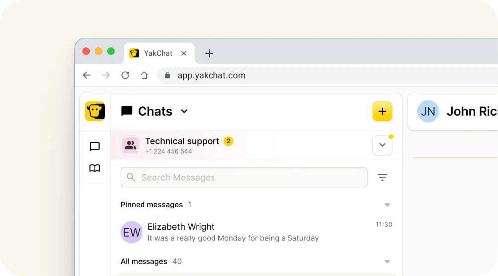 A YakChat web app window shows a Chats tab with a Technical support chat selected, highlighting the power of Omnichannel Messaging for browsers. A message from Elizabeth Wright reads, It was a really good Monday for being a Saturday.