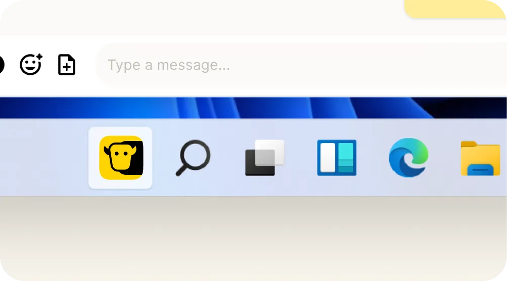 A computer taskbar shows several app icons, including a yellow icon with a black monkey face, Omnichannel Messaging for browsers, a magnifying glass, a window, the Microsoft Edge logo, and a folder.