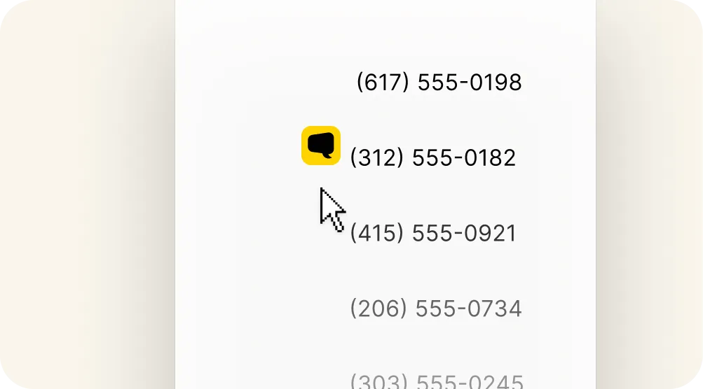 A computer cursor points to a highlighted phone number, (312) 555-0182, with a yellow box and chat bubble icon—showcasing Omnichannel Messaging for browsers. Other numbers are listed above and below in black and gray text.