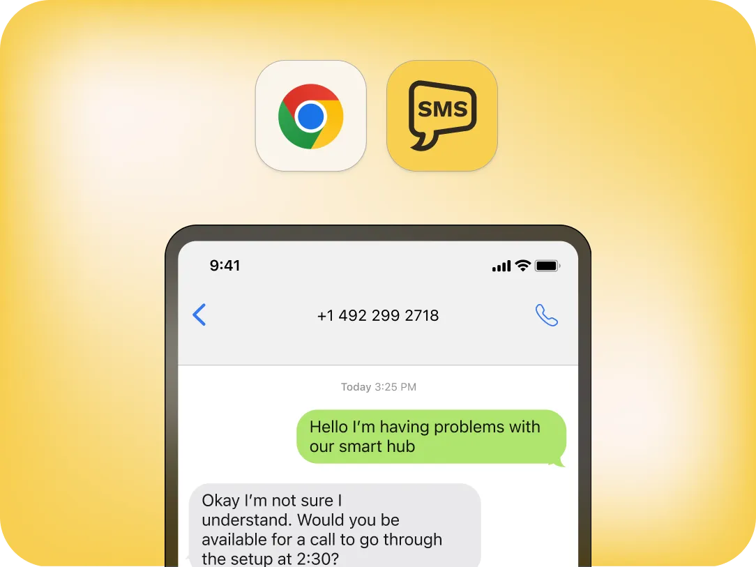 A smartphone screen shows a text conversation about troubleshooting a smart hub, with Chrome and SMS app icons above on a yellow background.