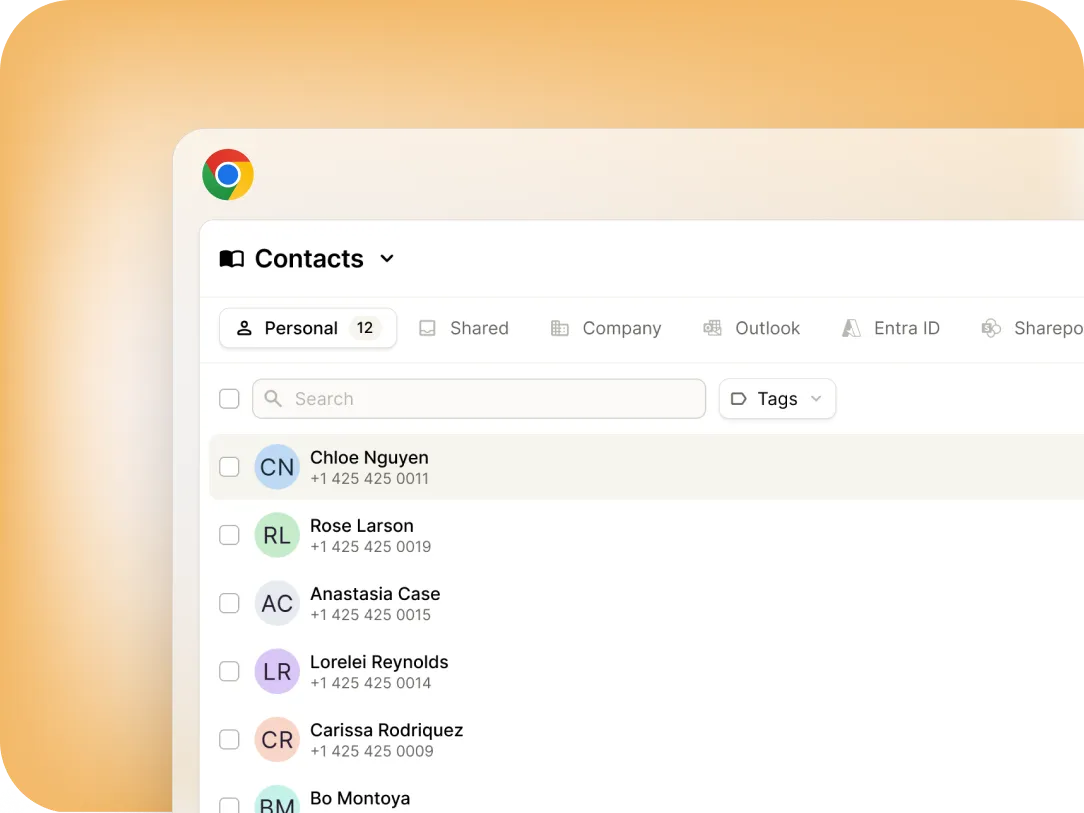 A computer screen displays a contacts list in a web browser. The Personal tab is selected, showing names, initials, and phone numbers, with a search bar and tags filter above the contact list.