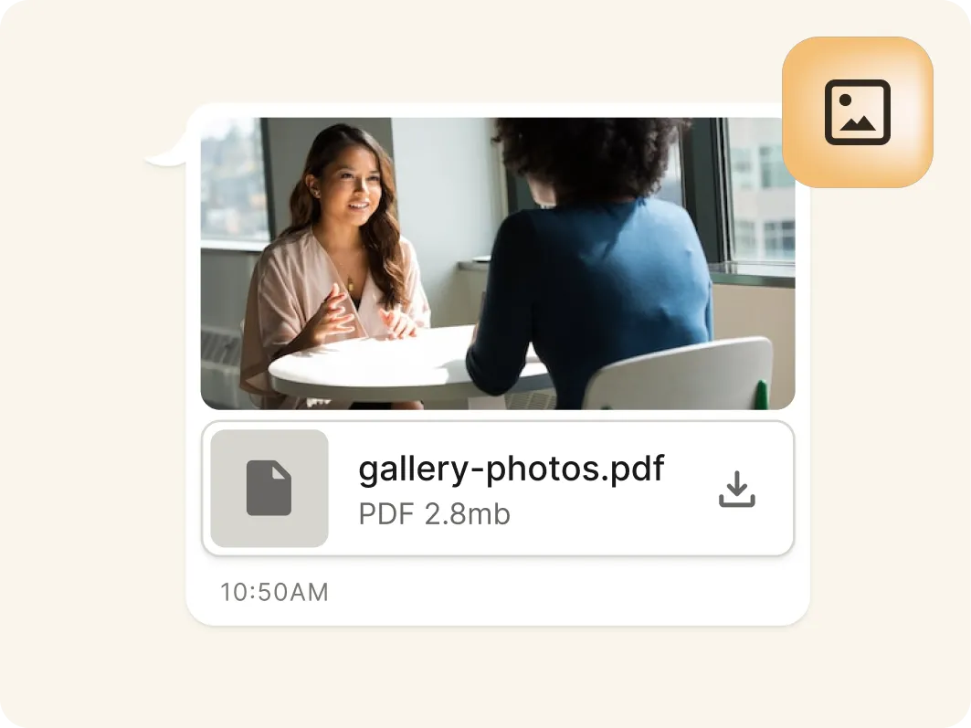 A chat message shows a photo of two people talking at a table, along with a PDF file named gallery-photos.pdf (2.8 MB) and a download icon. The time displayed below is 10:50 AM.