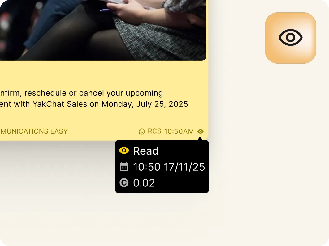 A notification shows a message read status: an eye icon, the word Read, the time 10:50, date 17/11/25, and the number 0.02, next to a cropped image of someone holding a phone.