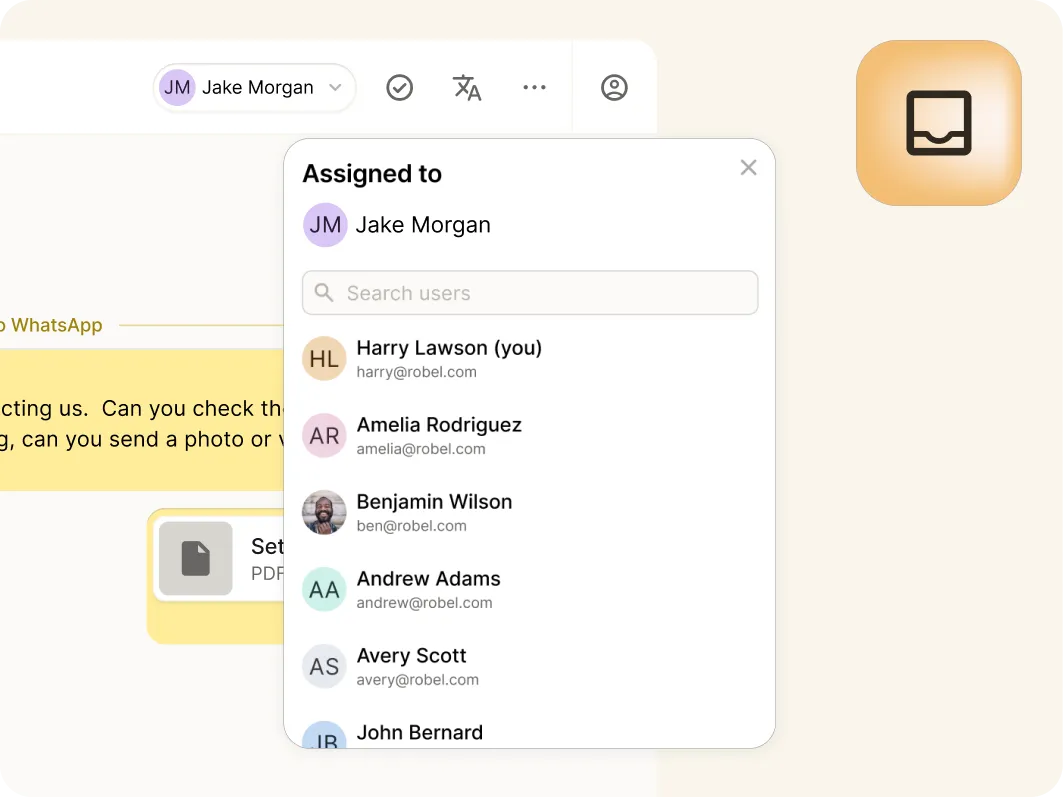 A task management app displays a menu assigning a task to Jake Morgan, with a dropdown list of users including Harry Lawson, Amelia Rodriguez, Benjamin Wilson, Andrew Adams, and Avery Scott.