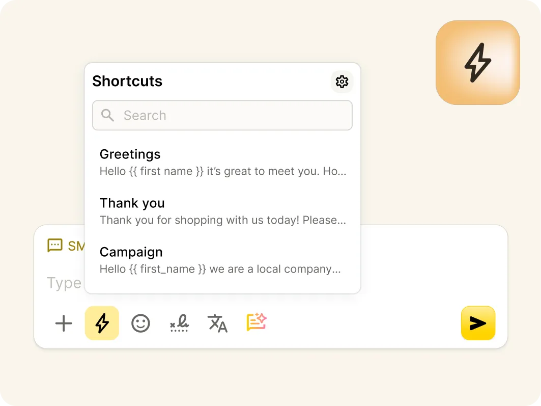 A messaging app shows a Shortcuts popup with template messages for Greetings, Thank you, and Campaign. The screen includes icons for shortcuts, emojis, and sending a message.