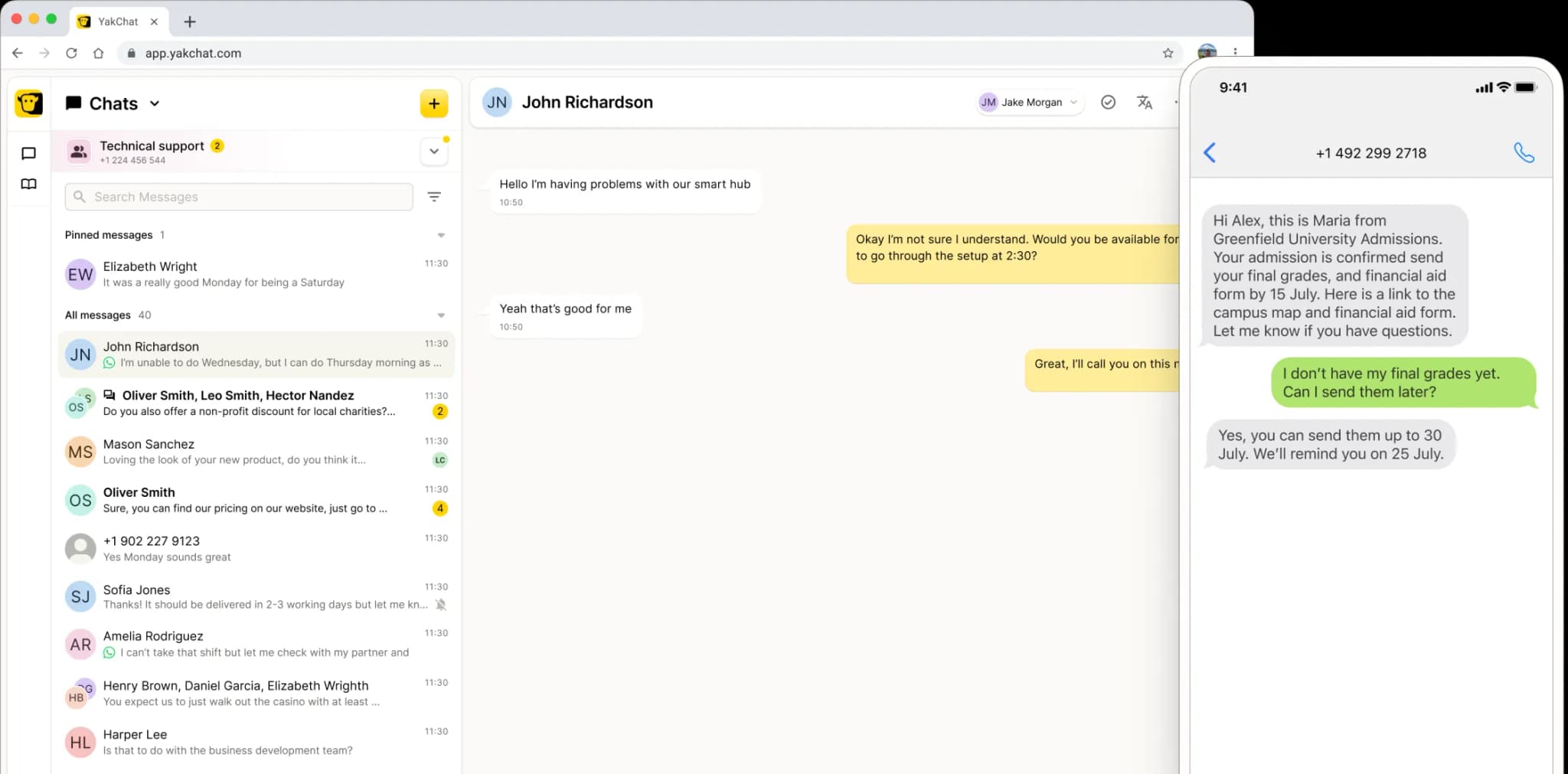 A computer screen shows a messaging app conversation about fixing a smart hub, with a phone on the right displaying a text about missing grades and reaching out to a teacher. Multiple message threads are visible on the left panel.