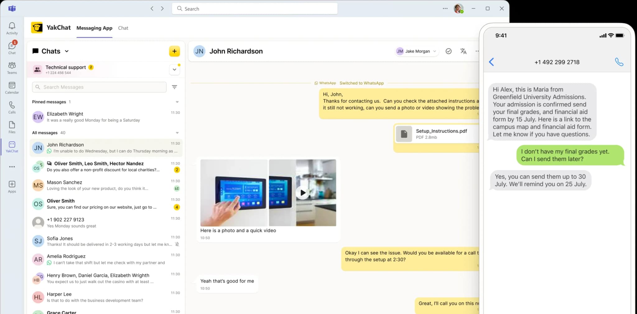 Screenshot of a desktop chat window with John Richardson, showing a conversation about sending instructions and scheduling a call, alongside a mobile screen displaying a text message about missing grades and an upcoming call.