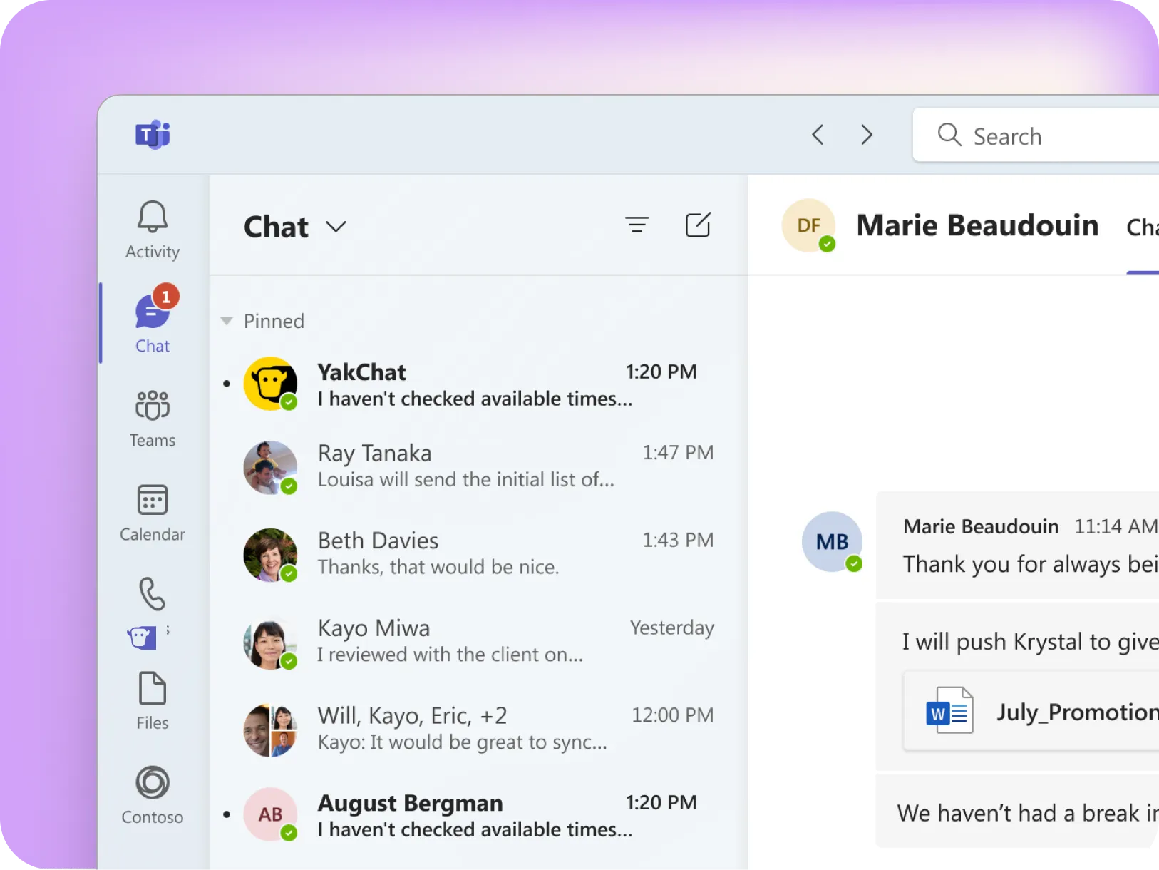A desktop screen shows a Microsoft Teams chat window with several contacts listed on the left and an open conversation with Marie Beaudouin on the right. The interface displays messages, app icons, and a search bar at the top.